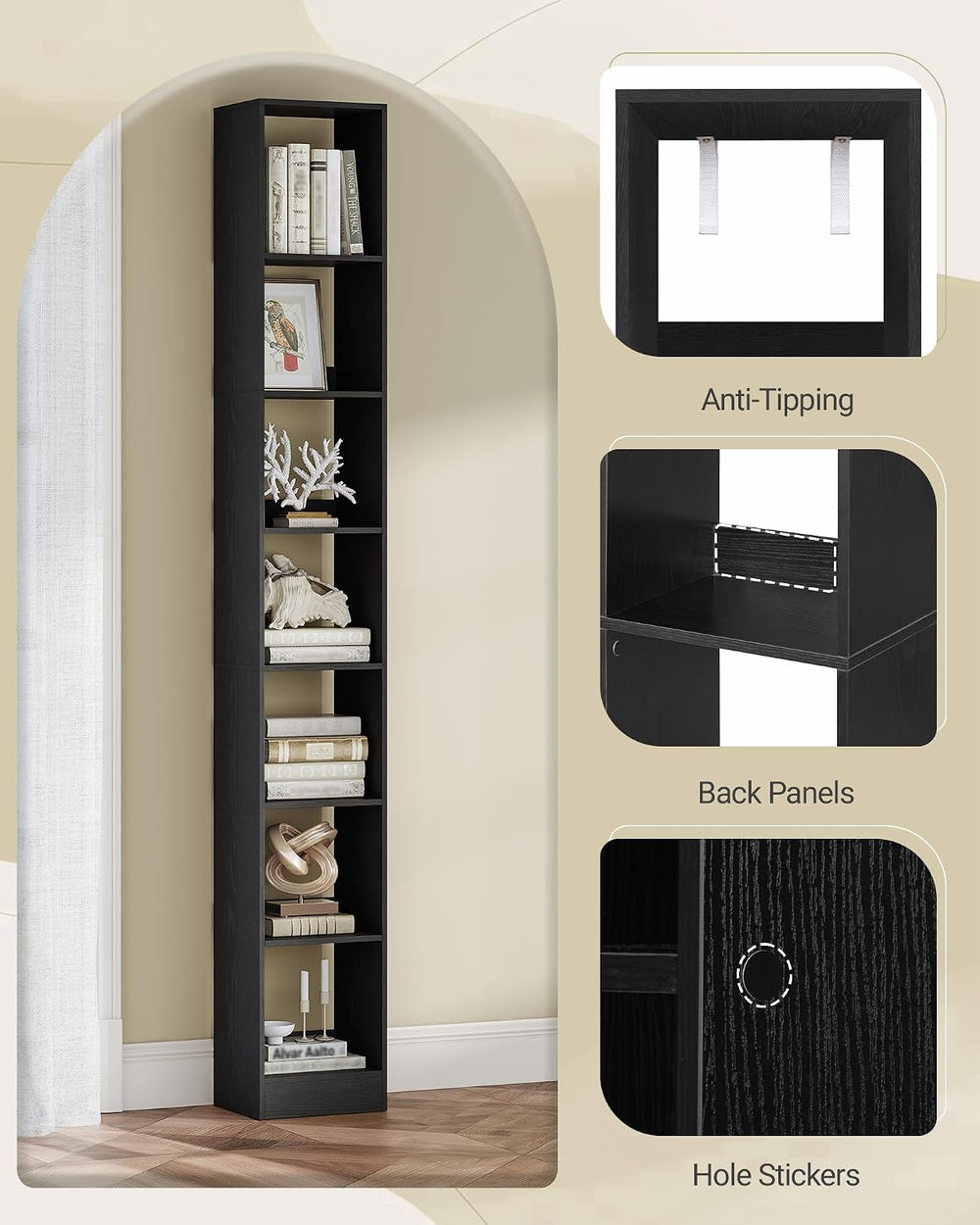 Hzuaneri Bookcase, Tall Narrow Bookshelf, Open Display Storage Shelf