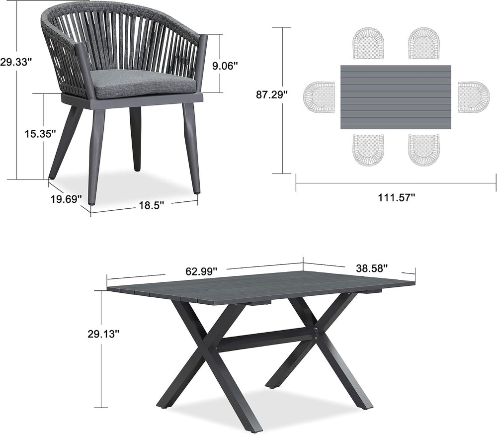PURPLE LEAF 7 Pieces Outdoor Dining Set with Wicker Chairs Cushion, Grey