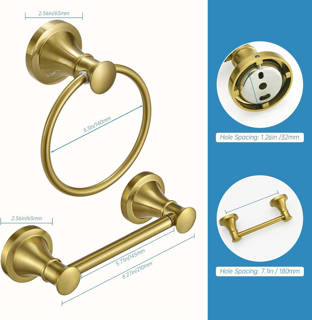 RUMOSE Pivoting Toilet Paper Holder and Hand Towel Ring, Brushed Gold