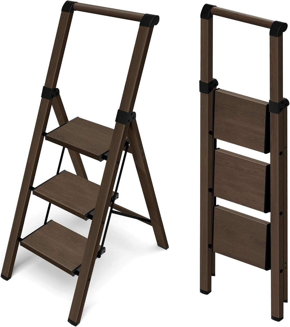 HillhutApex Aluminum 3 Step Ladder, Step Stool Foldable Ladder(Walnut)