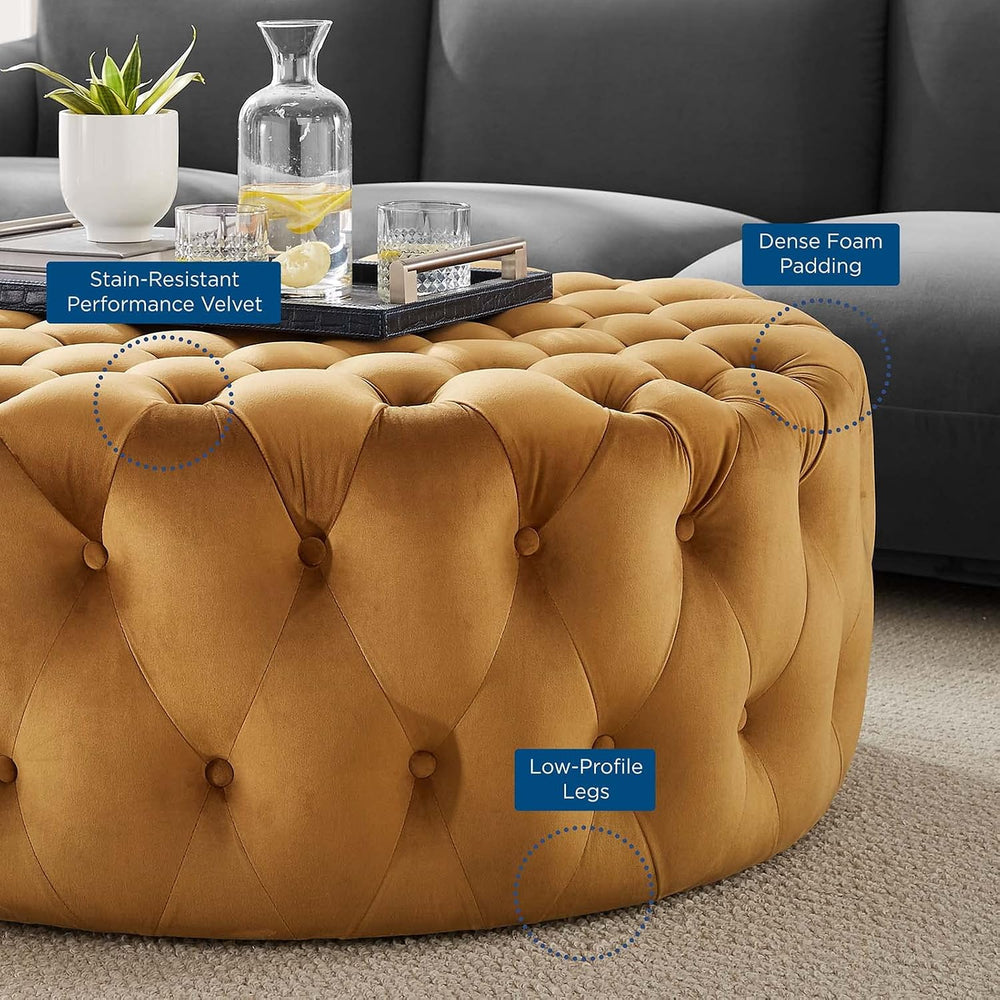 Modway Amour Tufted Button Large Round Performance Velvet Ottoman in Cognac