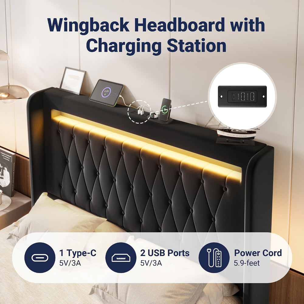 Allewie Queen Size Upholstered Bed Frame with LED & Charging Station, Black