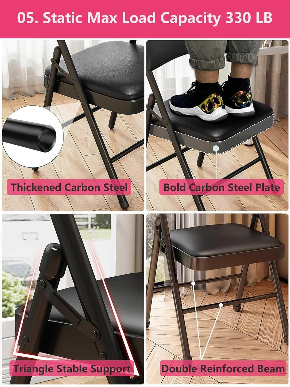 2 Pack Folding Chairs with Leather Padded Cushion and Back Metal
