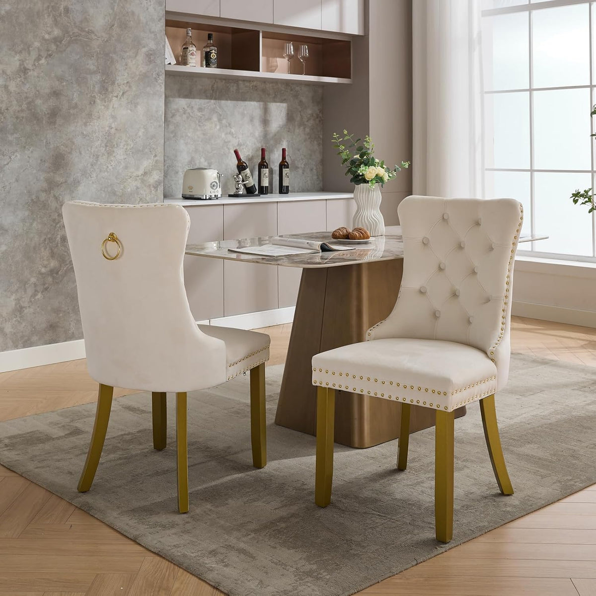 Cream Velvet Dining Chairs Set of 2, Ring Pull, Golden Solid Wood Legs