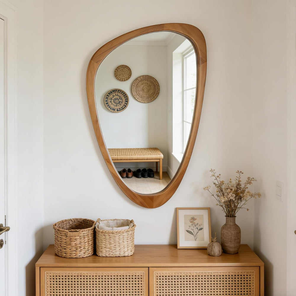 Irregular Asymmetrical Wall Mirror 19"x30" Wooden Frame Bathroom Mi...