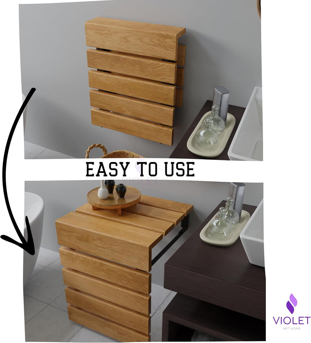 Folding Wall Mounted Teak Wood Handmade Shower Seat, Inside Shower Bathroom S...