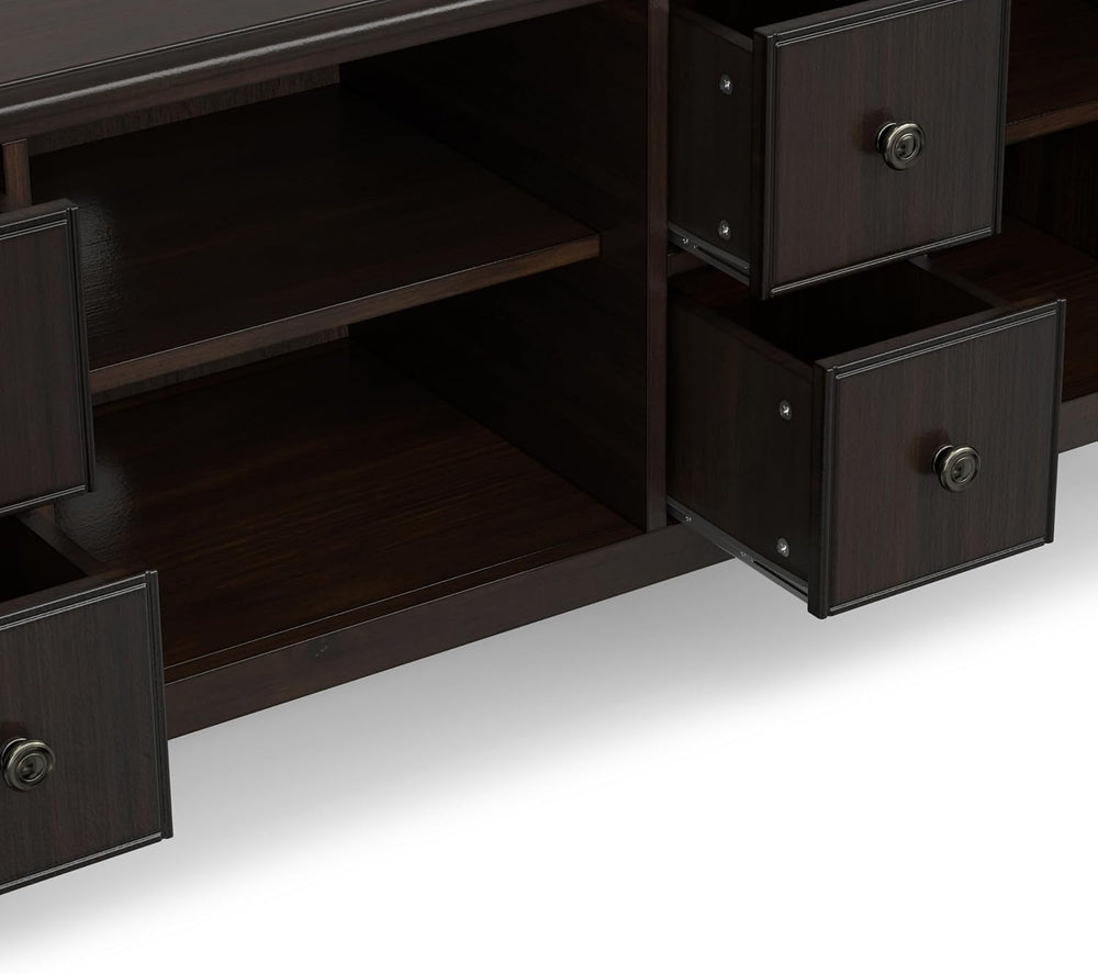 SIMPLIHOME Connaught 72" Wide Solid Wood TV Stand in Dark Chestnut Brown