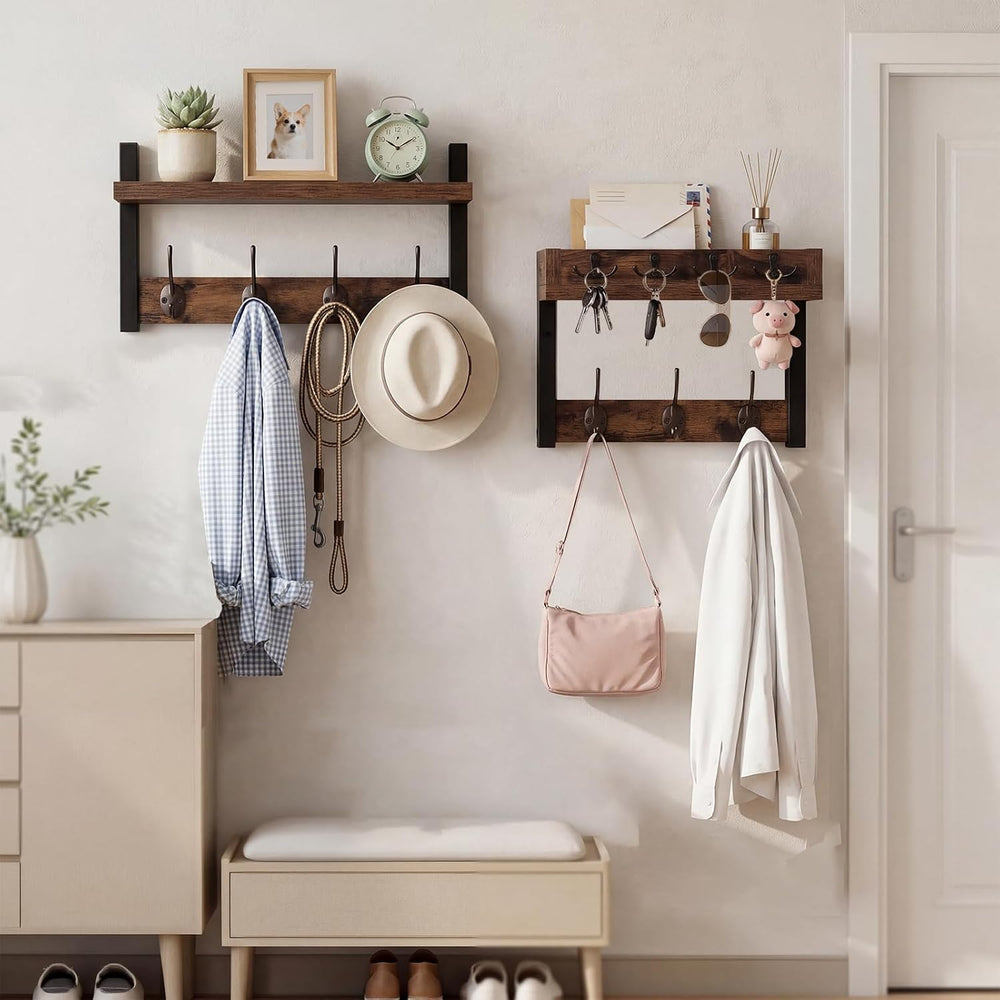 29" Coat Rack Wall Mount with Shelf, Mail & Key Organizer, Brown