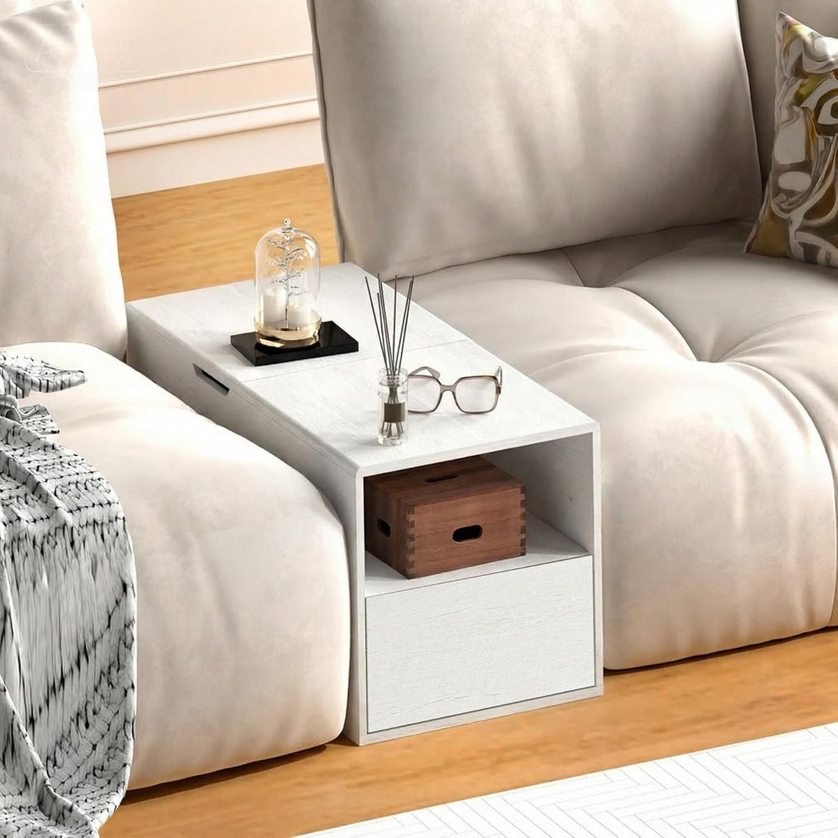 Rresyet Modular Sofa Console with Storage, Adjustable Height Side Table with Drawer & Open Shelf, 15.8" Narrow End Table for Sectional Sofa Couch (1, White, with Drawer)