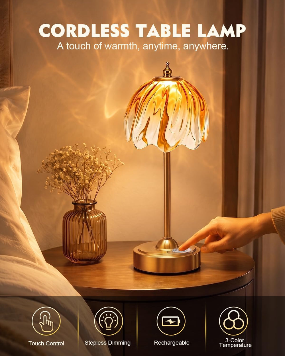 Nusogon Cordless Flower Table Lamp, 5200mAh Small Rechargeable Touch Lamp