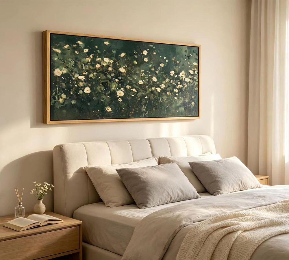 KIRFOLUC Large Abstract Floral Wall Art Dark Green White Botanical Wildflower...