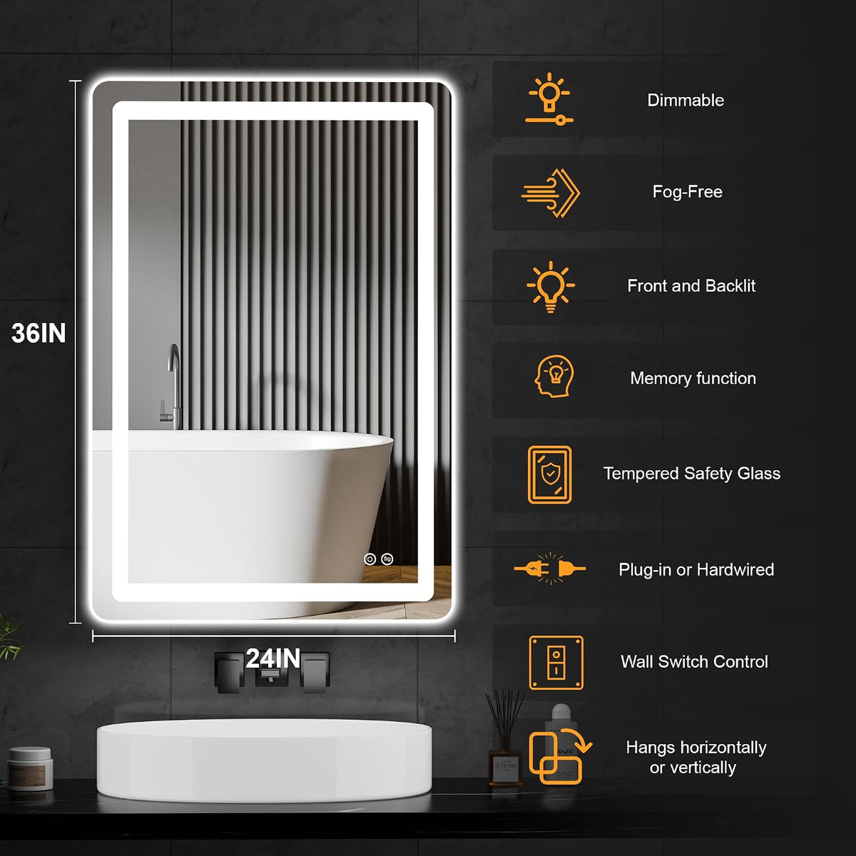 36"x24" LED Bathroom Mirror with Lights, Vanity Mirror with Lights
