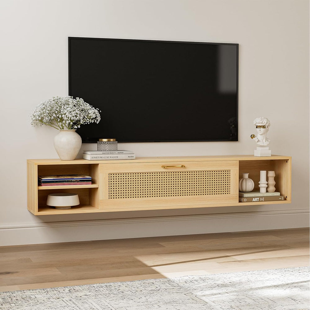 IKIFLY Floating TV Stand with Rattan Door and Large Storage TV Shelfs, Wood