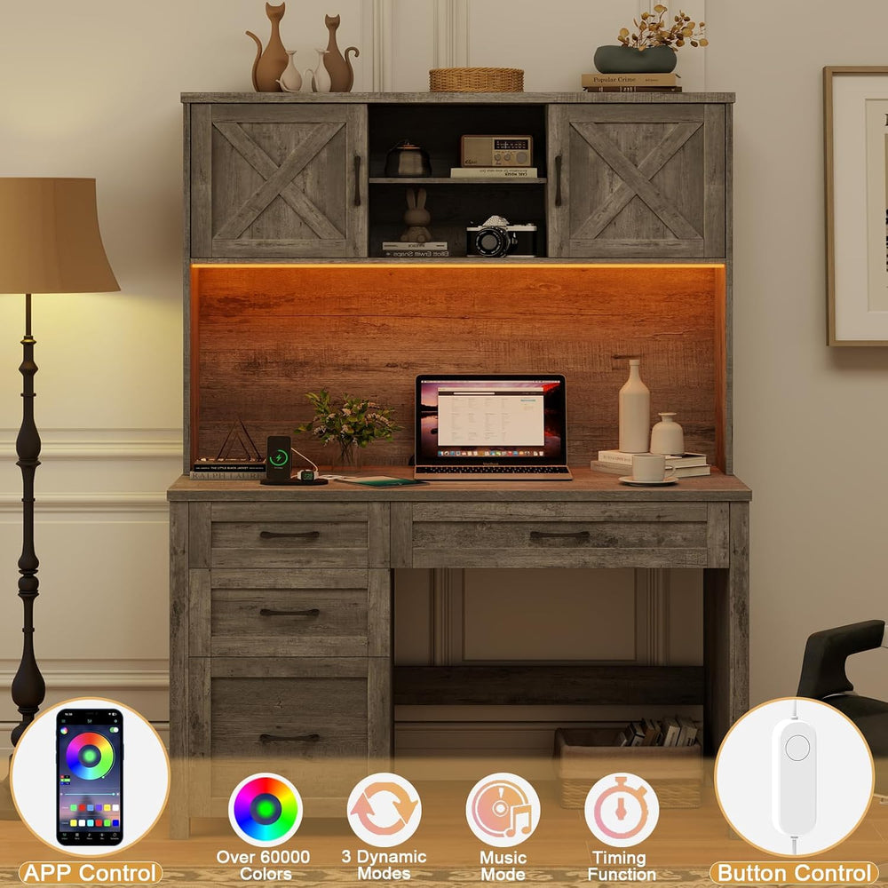 Vabches Farmhouse 67" H Executive Desk with Hutch & Drawers,Grey