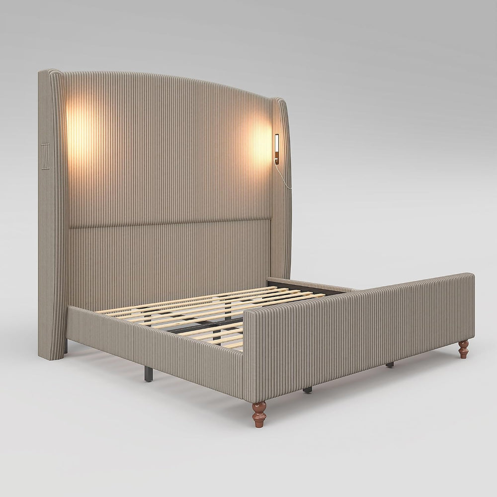 66" Extra Tall King Upholstered Wingback Bed with Light and Pockets, Gray