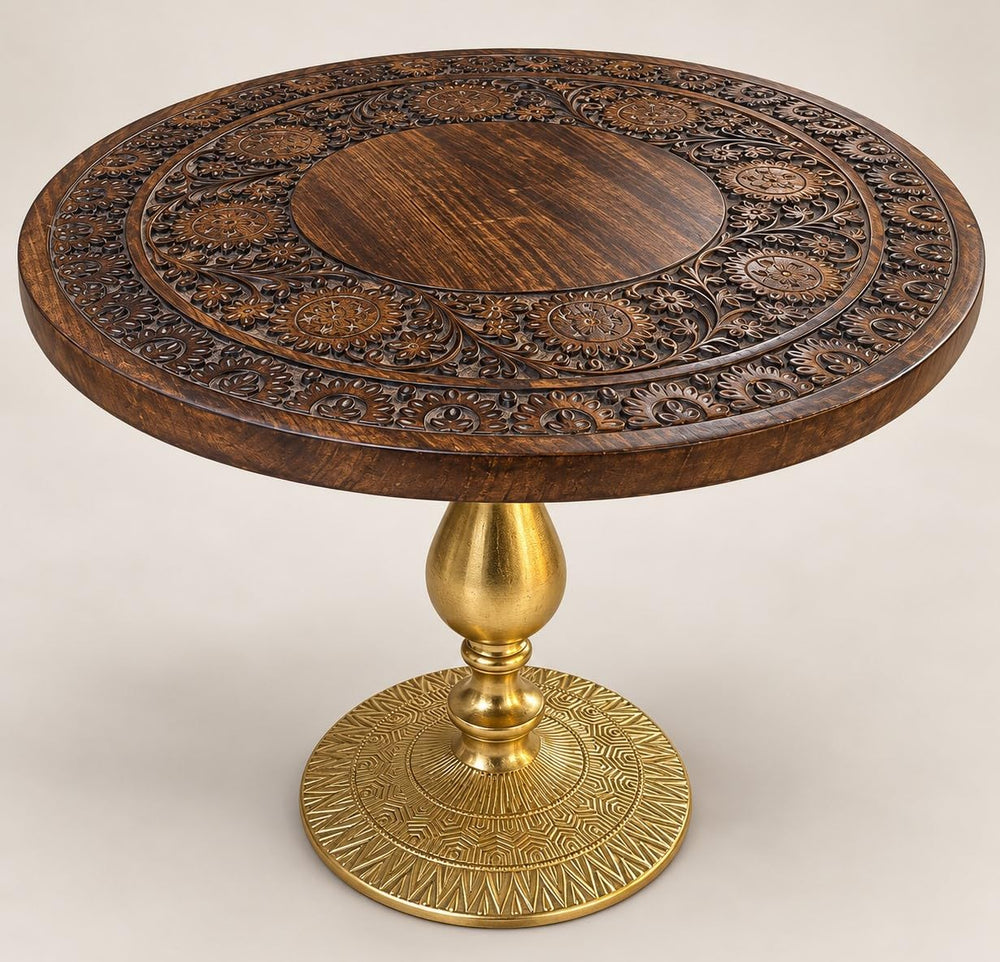 Coffee Table in Solid Wood and Aluminium Base, 24 x 24 x 18", Burnt/Gold