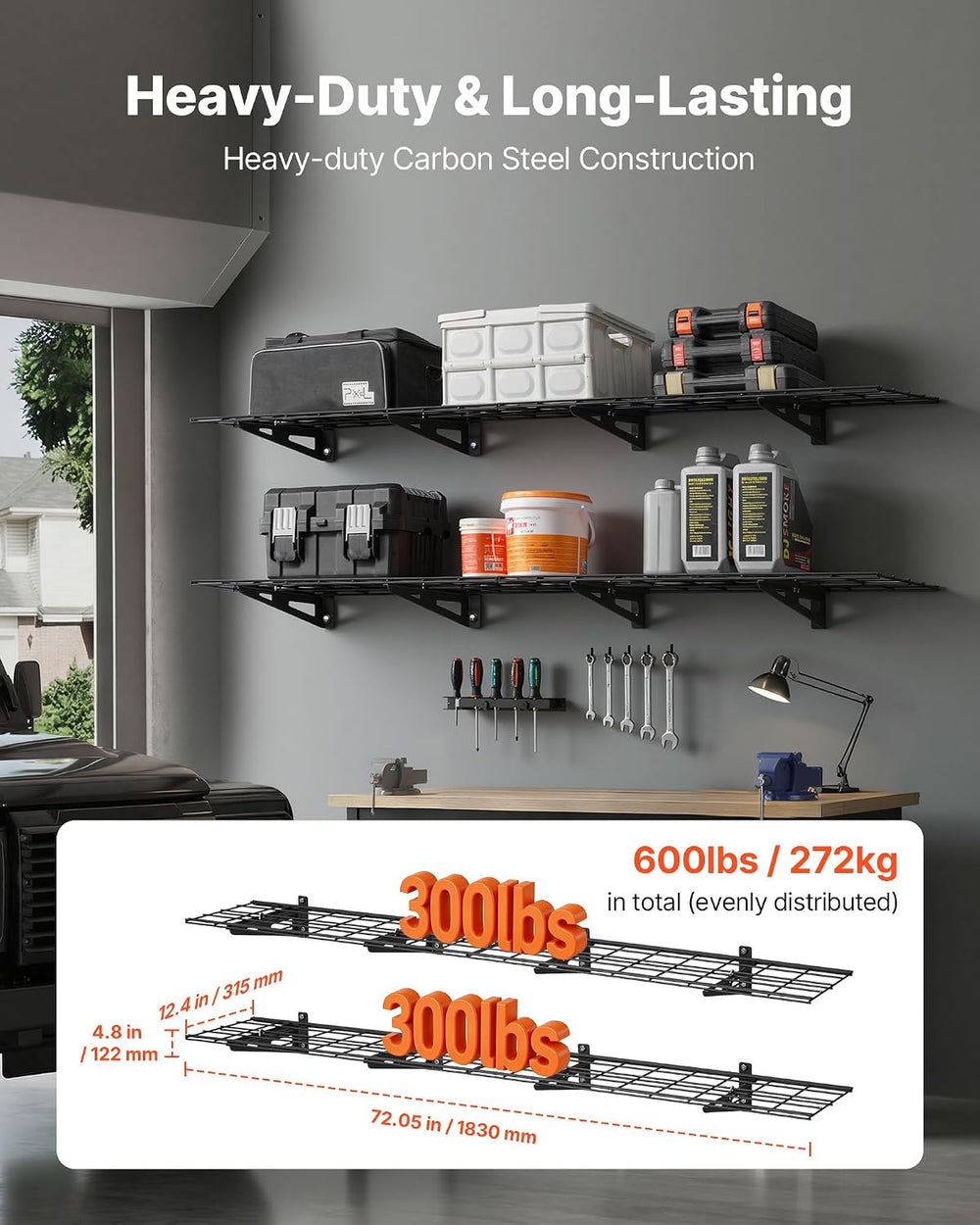 VEVOR 2-Pack Heavy Duty Garage Wall Shelving, 1 x 6 ft Steel Wall Mounted She...