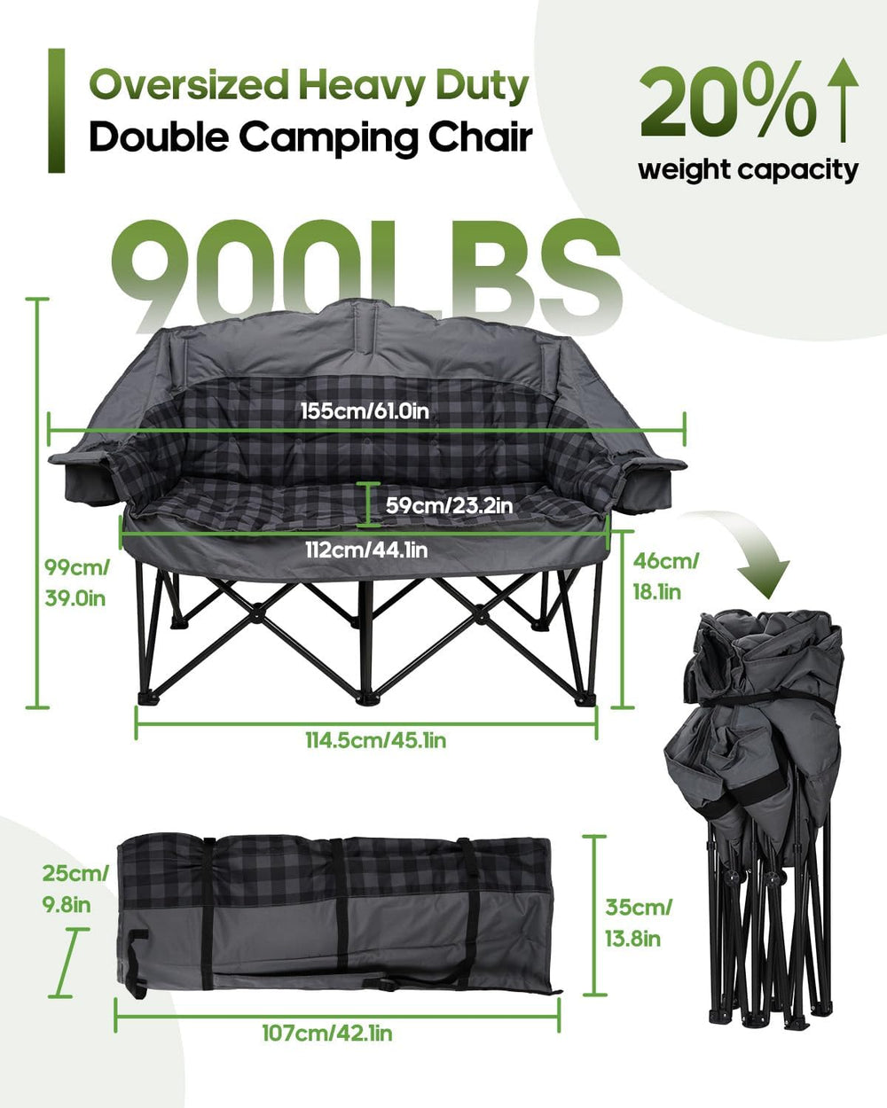 Padded Double Camping Chair Loveseat Oversized Camping Couch, Gray