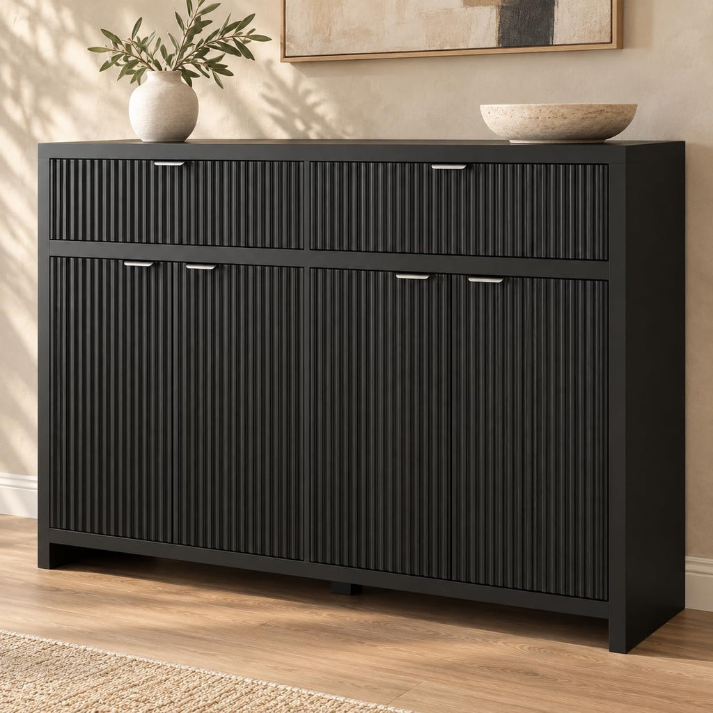 55 Inch Modern Fluted Sideboard Buffet Cabinet with Storage, Black
