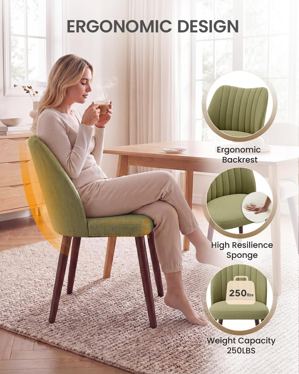 Upholstered Dining Chairs Set of 6, Farmhouse Fabric Kitchen Chairs with Soli...