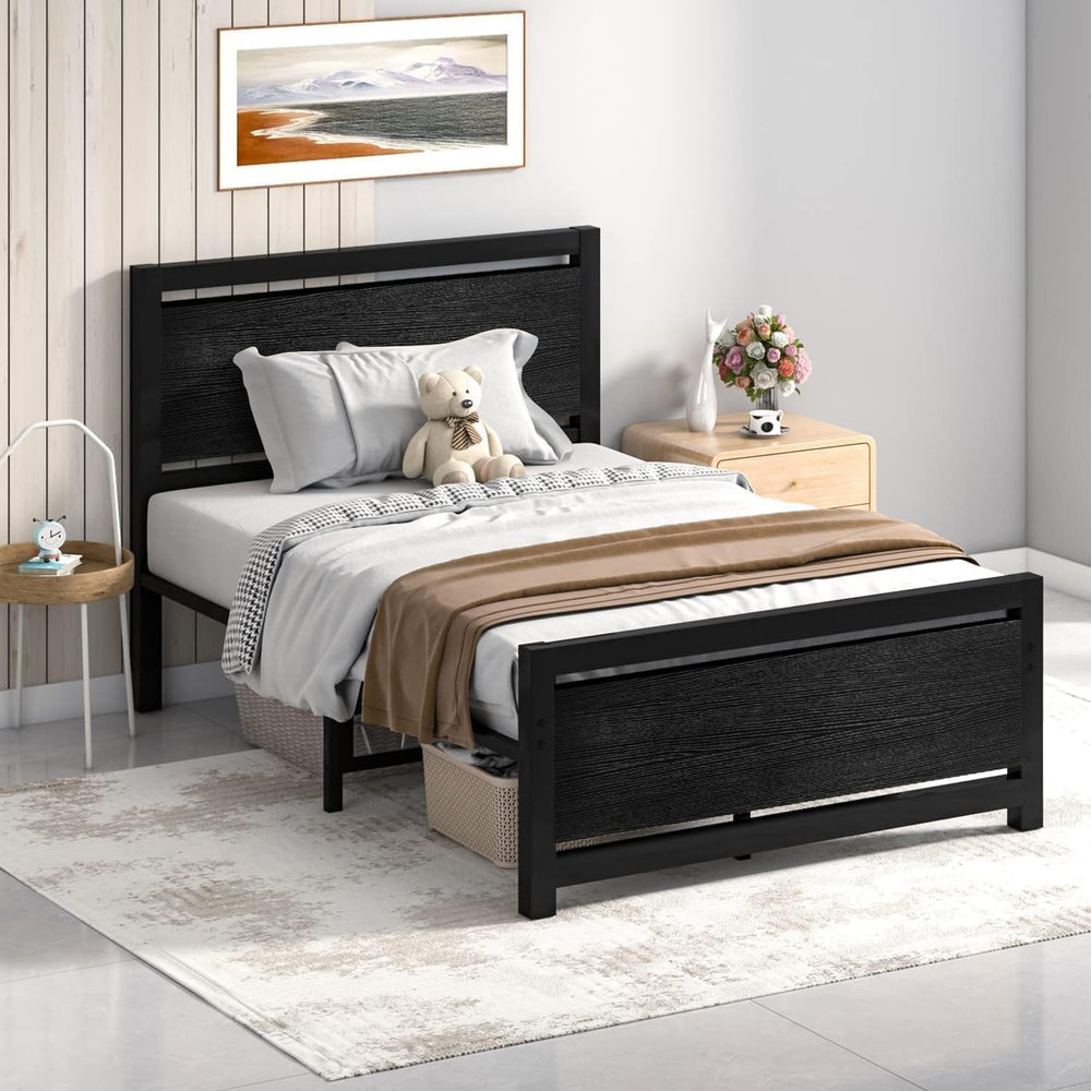 Catrimown Twin Bed Frame with Headboard, Under-Bed Storage, Black