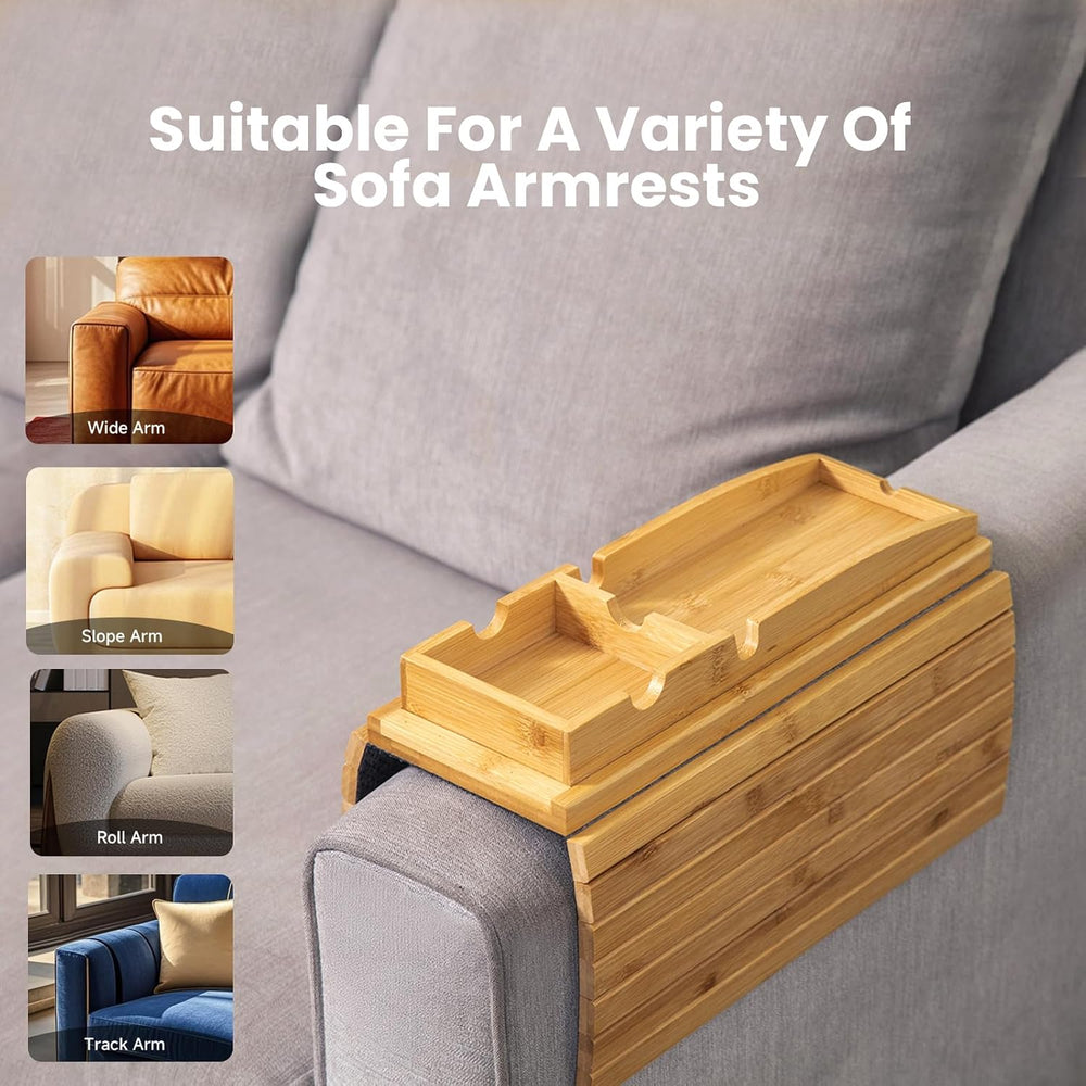 Bamboo Couch Arm Tray Table | 2-in-1 Detachable Sofa Tray with Slidable Cup H...