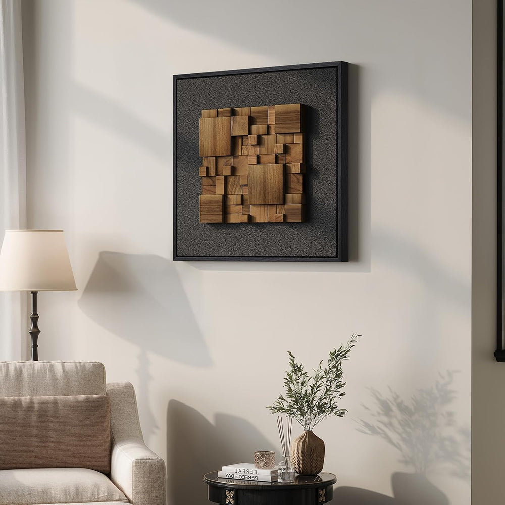 Framed 3D Textured Wood Wall Art for Living Room, Abstract Geometric 20x20