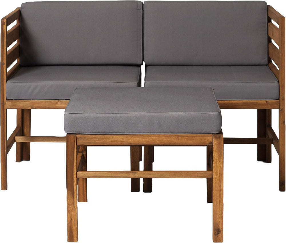 Walker Edison Ravello Contemporary 3 Piece Acacia Wood Outdoor Modular Chat S...