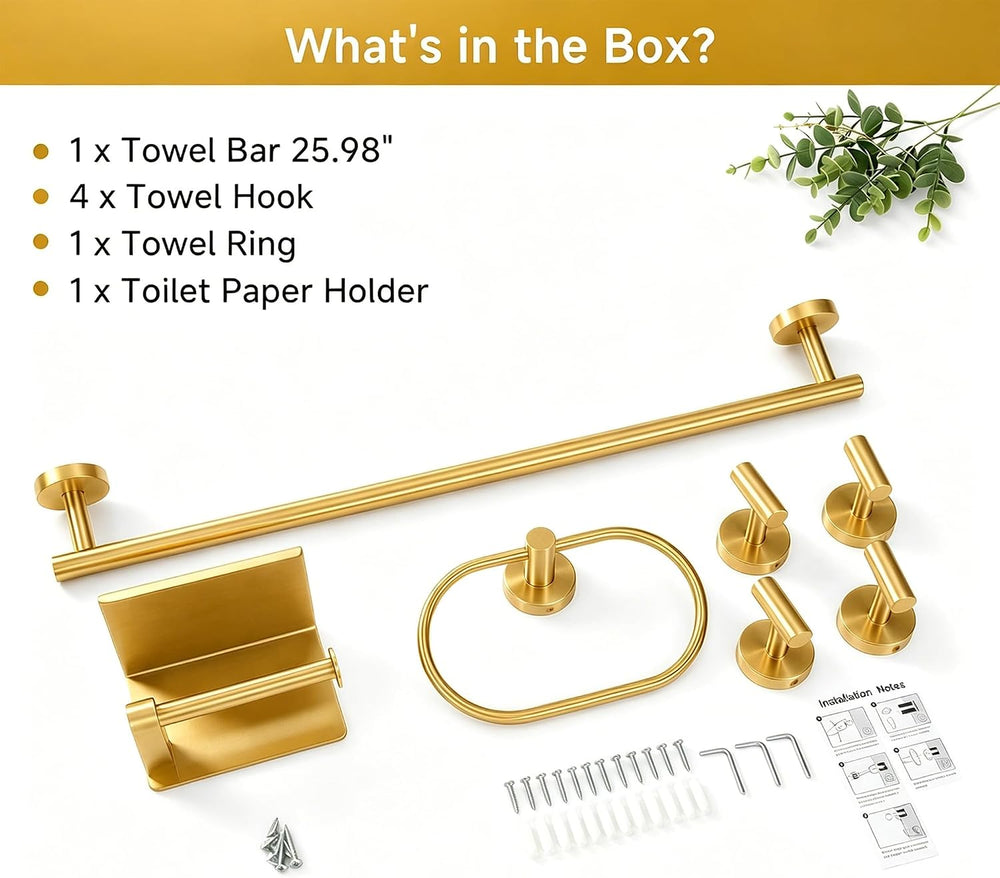 7-Piece Bathroom Hardware Accessories Set, SUS304 Towel Bar, Gold