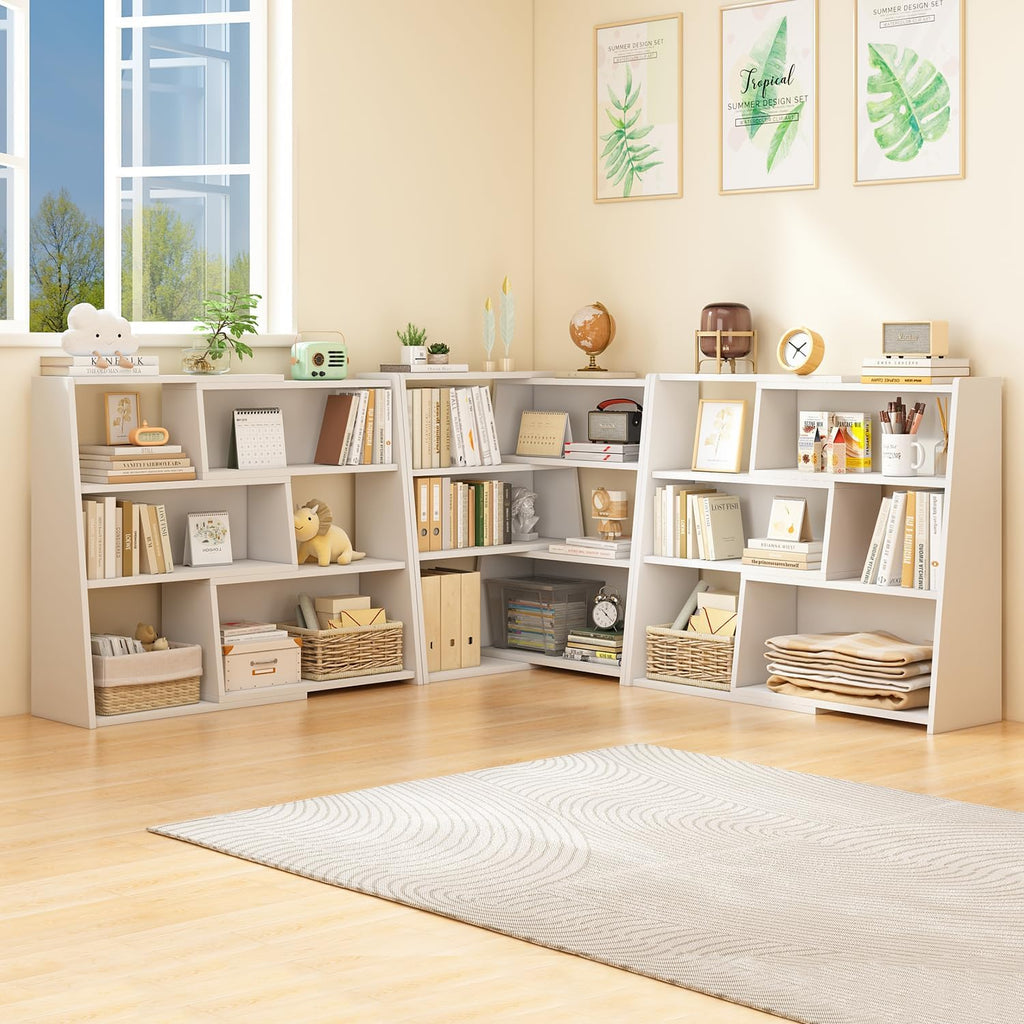 iotxy wooden extendable shelf bookcase, 3-tier low bookshelf on a desk or shelf