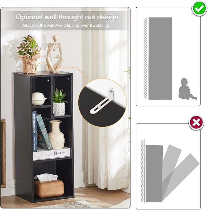 VECELO 3-Tier Small Bookcase, 4 Cube Bookshelf, Fits Tallest Hardwares, Modern Floor Standing Unit, Shelf Hold Up to 66 LBS for Living Room Bedroom, Black