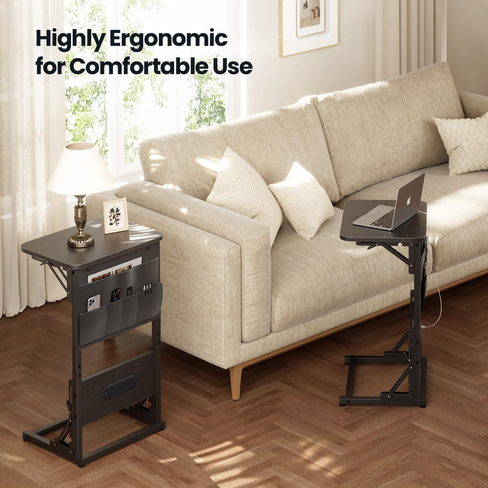 HLDIRECT C Shaped End Table with Charging Station & Storage Bag Black