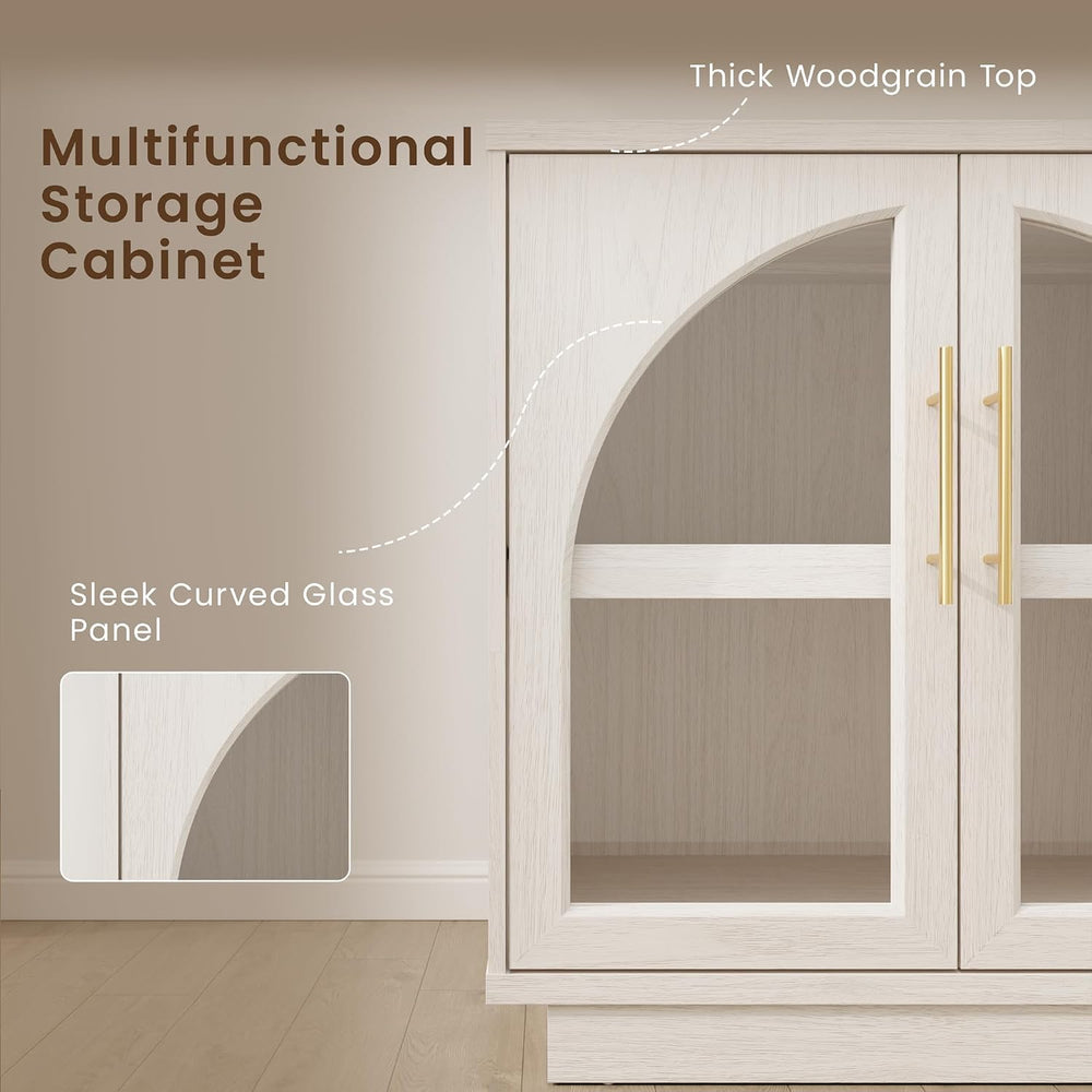 59" Sideboard Display Cabinet Arched Glass Doors,White Oak