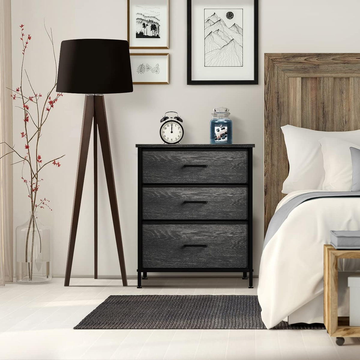 sorbus nightstand for bedroom (3 multi-sized drawers, gray on a desk or shelf