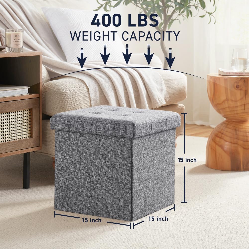 Ornavo Home 15 Inch Folding Storage Ottoman Cube, Tufted Linen, Gray