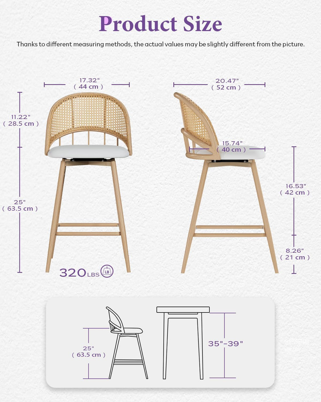 26'' Bar Stools Set of 2, Rattan Counter Height Swivel Stools for Kitchen