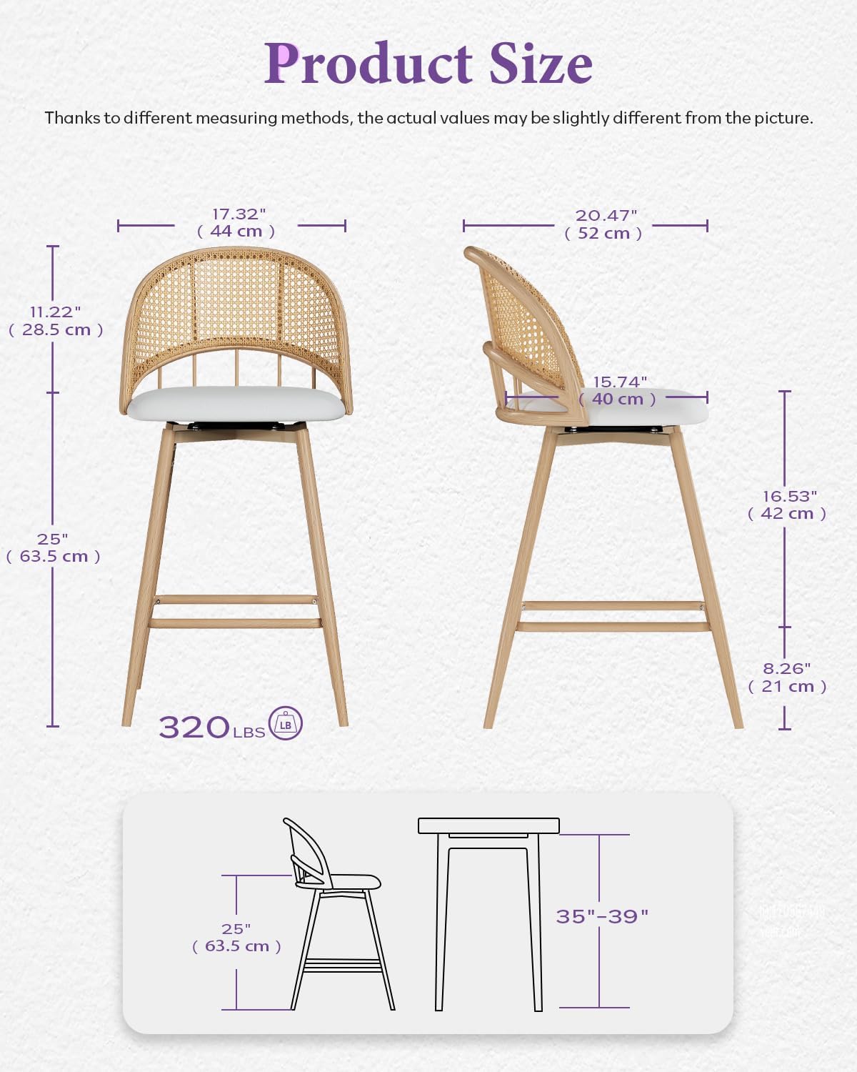 26'' Bar Stools Set of 2, Rattan Counter Height Swivel Stools for Kitchen
