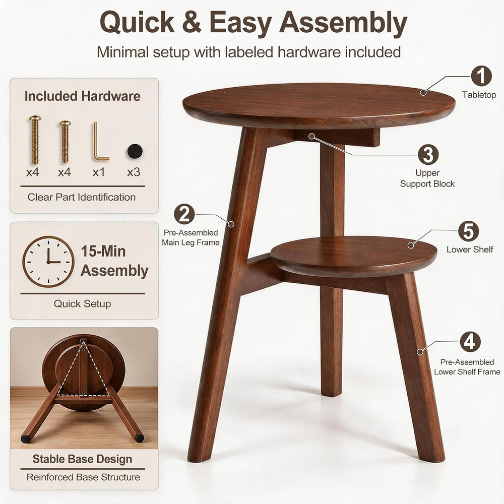 Small Round Side Table Set of 2, 16.5" 2-Tier Solid Wood End Tables, Walnut