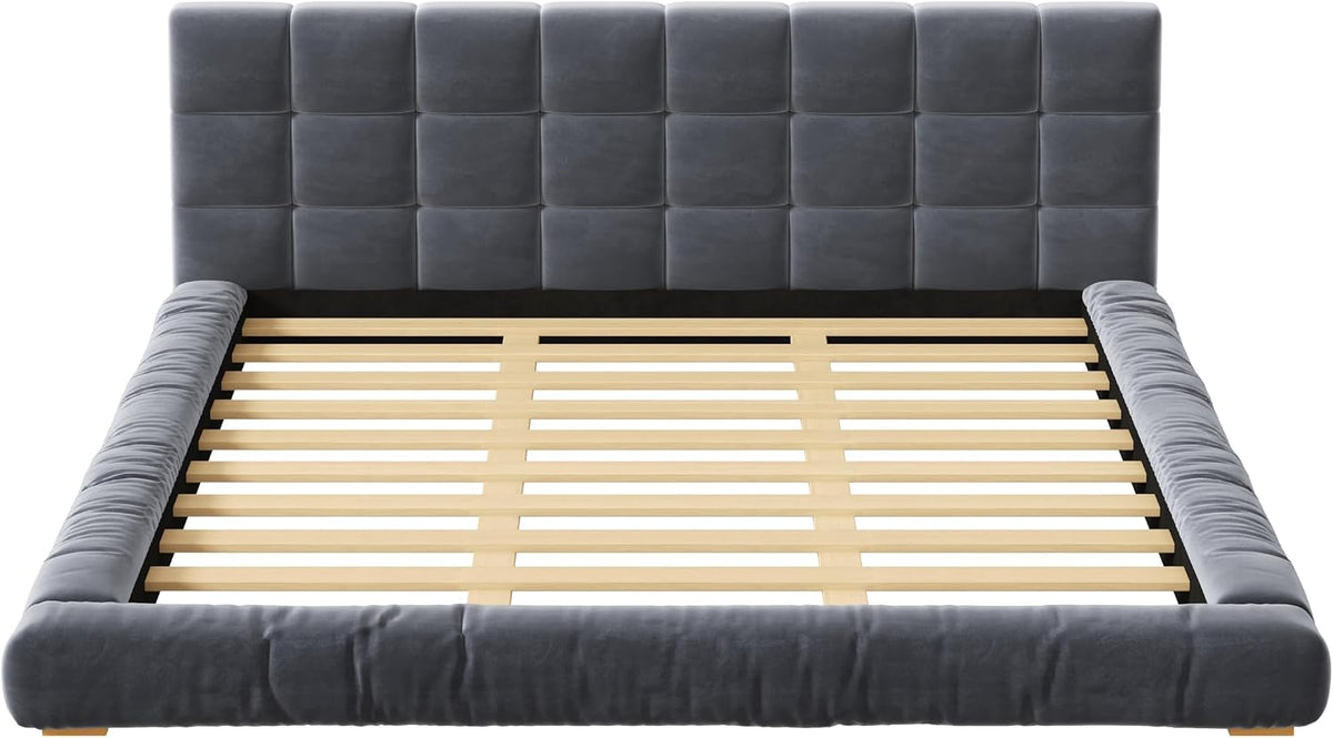 King Size Velvet Upholstered Low Profile Platform Bed with Channel Tufted Headboard and Sturdy Slat Support, No Box Spring Needed (Gray, King)