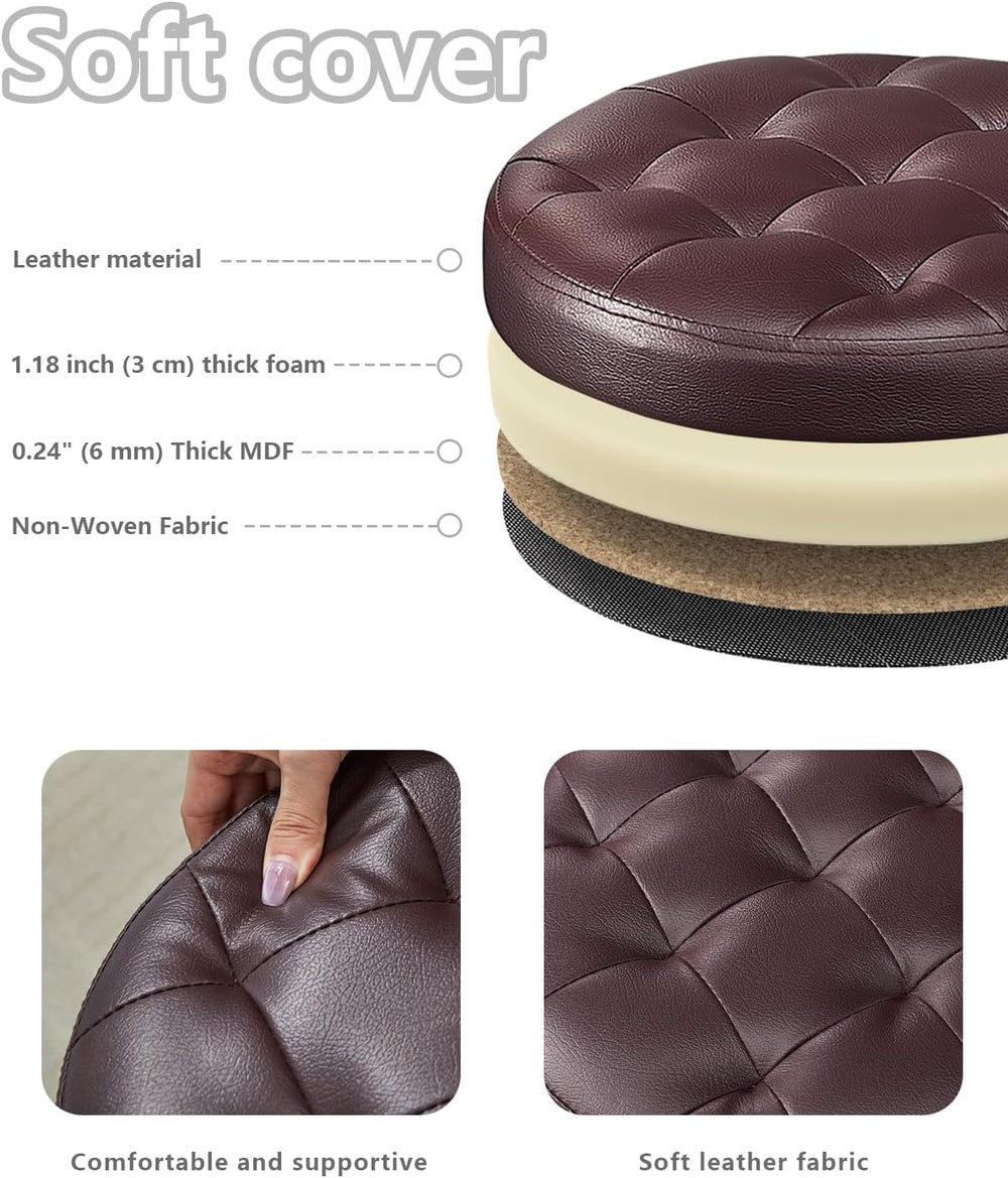 Bsketa Round Storage Ottoman, 14" Folding Leather Foot Rest, Brown 2 Pack