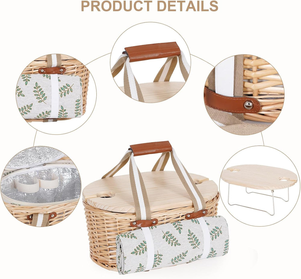 Picnic Basket Set for 2 - Wicker Insulated Picnic Basket