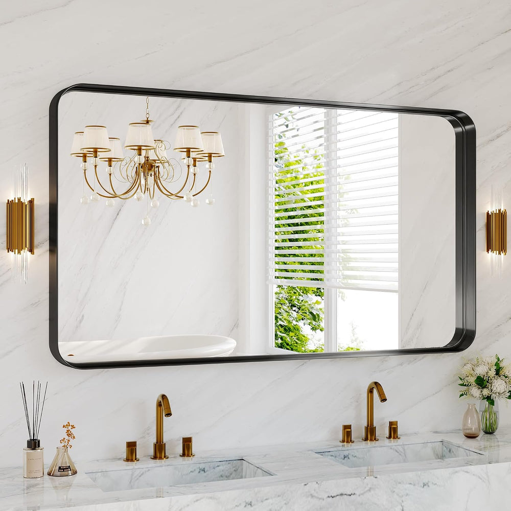 Black Metal Vanity Rounded Rectangle Bathroom Mirrors for Over Sink Wall