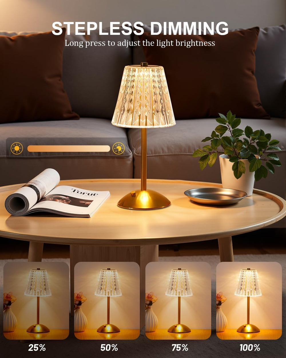 Nusogon 2 Pack Cordless Crystal Table Lamps, Rechargeable Touch Lamp