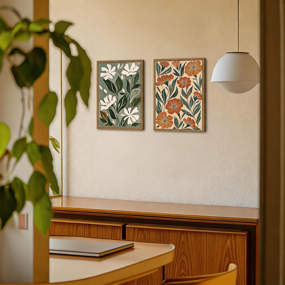 Framed Boho Floral 3 Piece Wall Art,Mid Century Modern Abstract Flower Pictur...