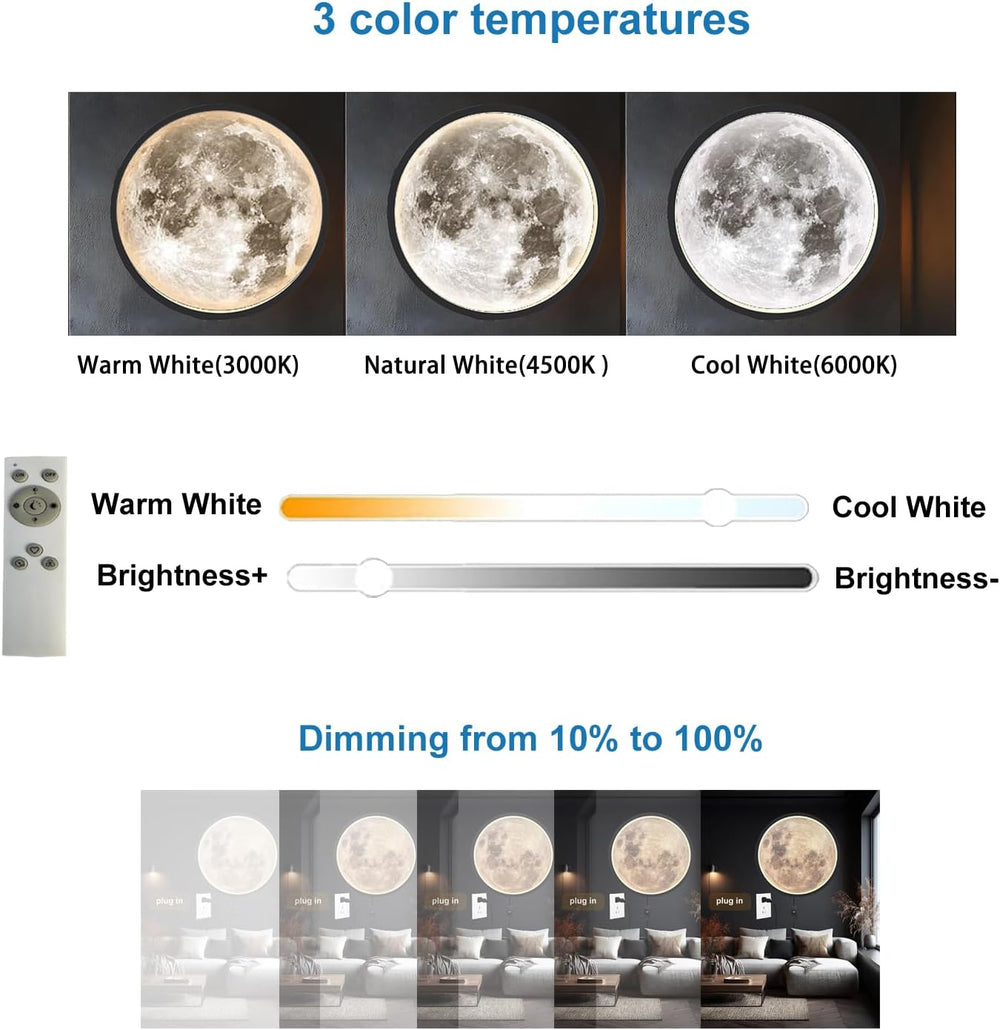 Dimmable Moon Wall Sconce Plug in Modern LED Wall Light, Black, 12"