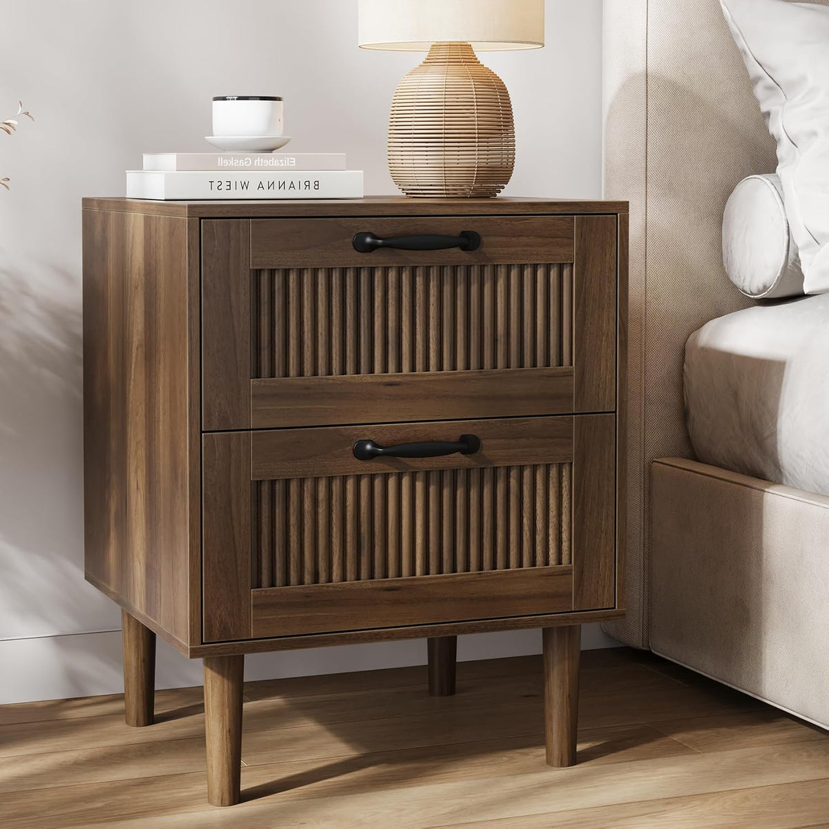 Smart FENDEE Fluted Nightstand with 2 Drawers, Bedside Table with Solid Wood Legs, Mid-Century Modern End Table for Bedroom, Home Office, Walnut