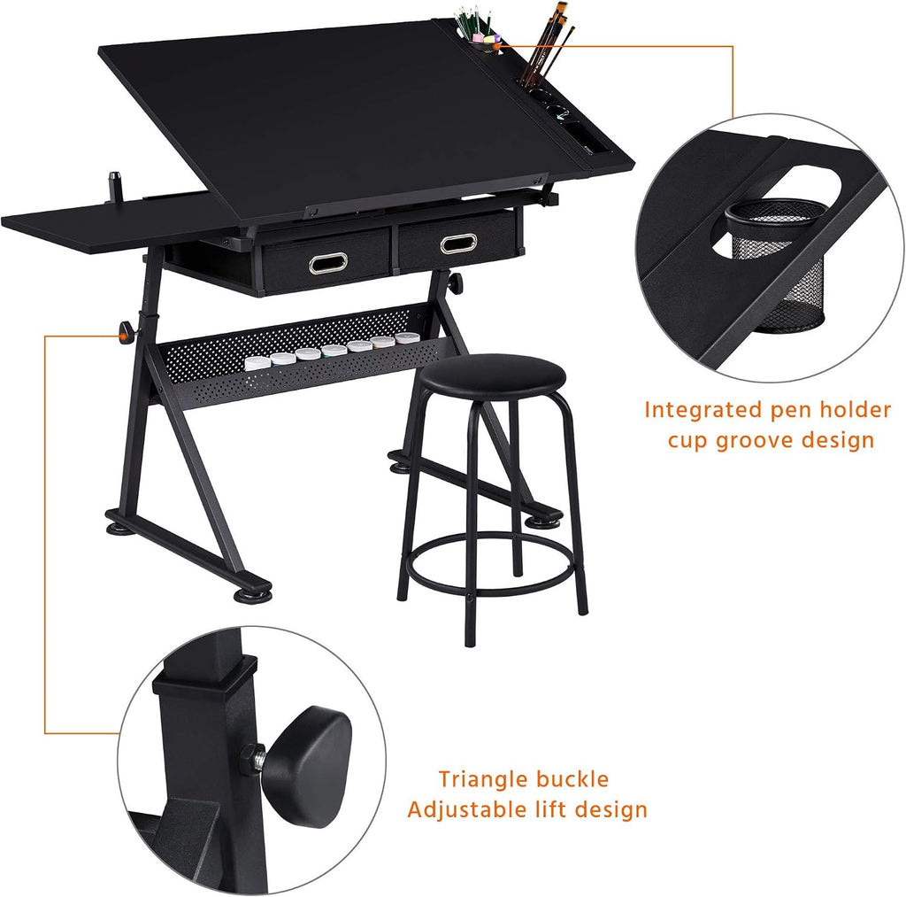 Yaheetech Art Craft Table Drawing Table Height Adjustable Drafting Desk Work Station with Tiltable Tabletop w/Stool and 2 Storage Drawers for Reading, Writing,Studying
