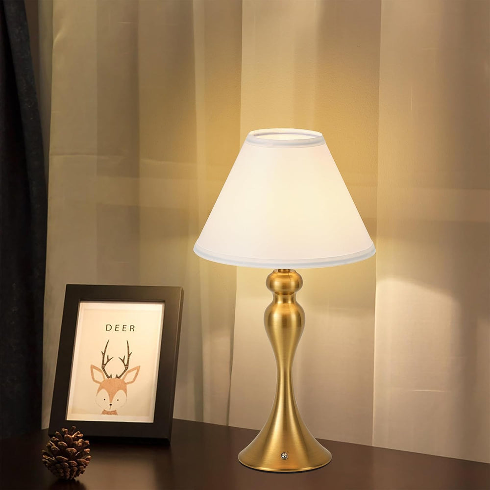 Cordless Table Lamp Rechargeable, Battery Night Light Fabric Shade, Brass