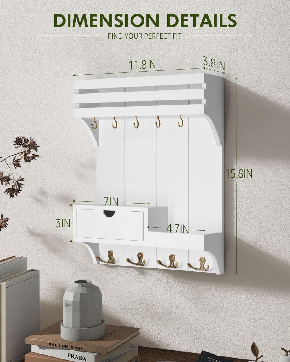 Rebee Vision Key Holder Wall Mount with Drawer & Shelf for Entryway, White