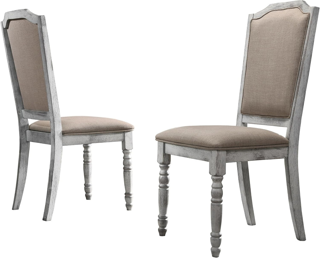 Roundhill Furniture Iris Turned Leg Wood Dining Chair, Set of 2, Weathered White